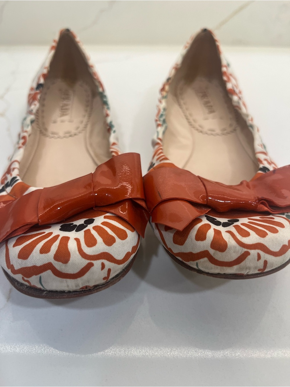 Prada Floral Print Ballet Flats with Patent Leather Bow | Made in Italy - Picture 4 of 10